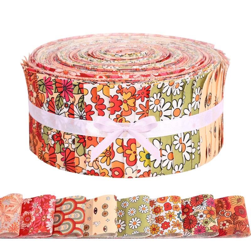 Sanixin 40 Pcs Boho Floral Cotton Jelly Roll Retro Boho Rainbow Fabric Strips for Quilting Crafting Precut Patchwork for Sewing DIY Crafts Cotton Fabric Bundles Strips 39.37 ? 2.55 Inch (Boho) - Image 1